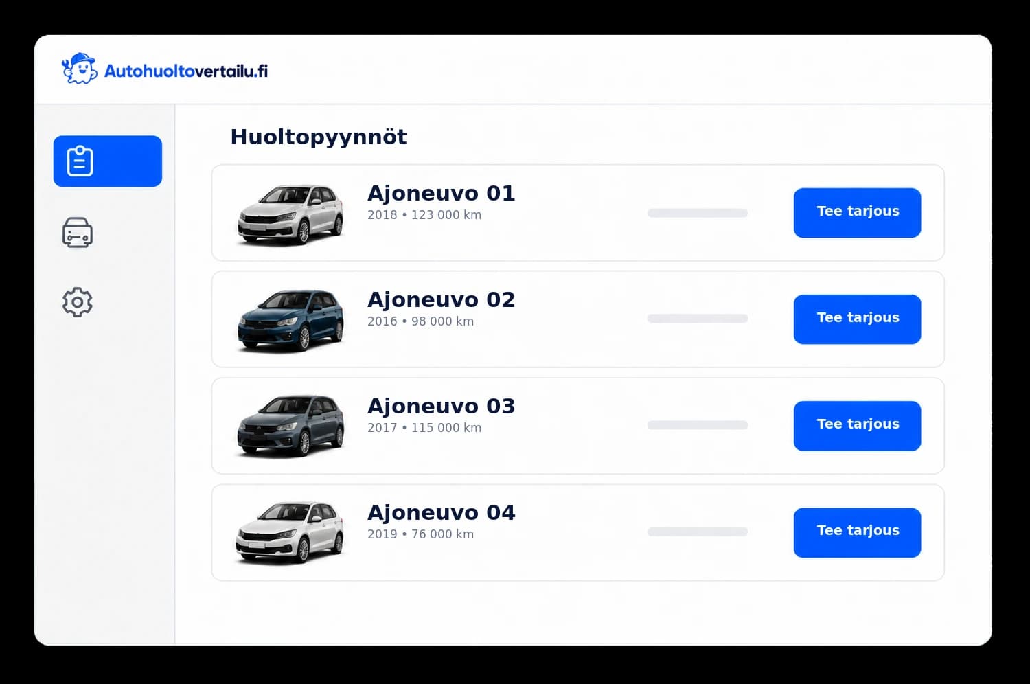 Kuvitus korjaamon huoltopyynnöistä yhdessä hallintanäkymässä.