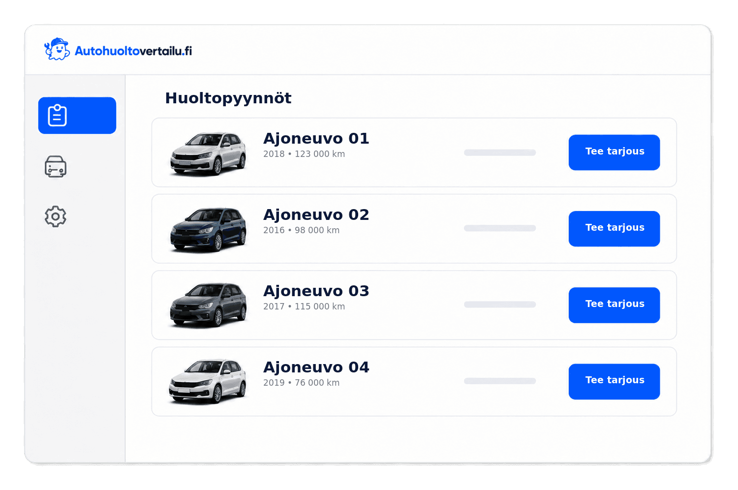 Korjaamon huoltopyynnöt yhdessä hallintanäkymässä.
